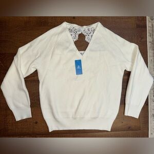 Cupshe Cream V-Neck Sweater with Lace Accent